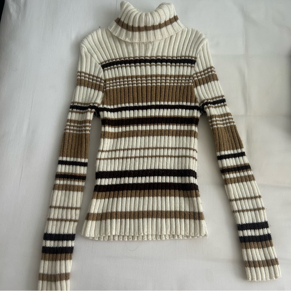 Striped Turtleneck Sweater - Cream and Brown